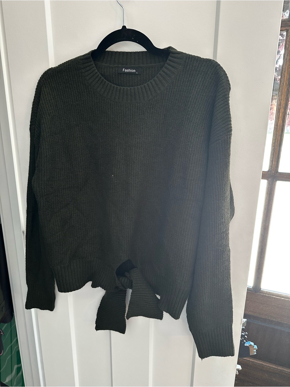 Olive Green Crewneck Tie-Hem Sweater - Women